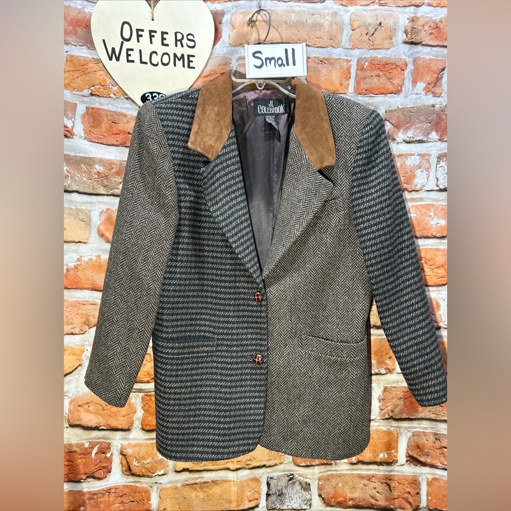 Vintage 90’s Blazer Multi Pattern Tweed Suede Collar Small JL Colebrook EUC